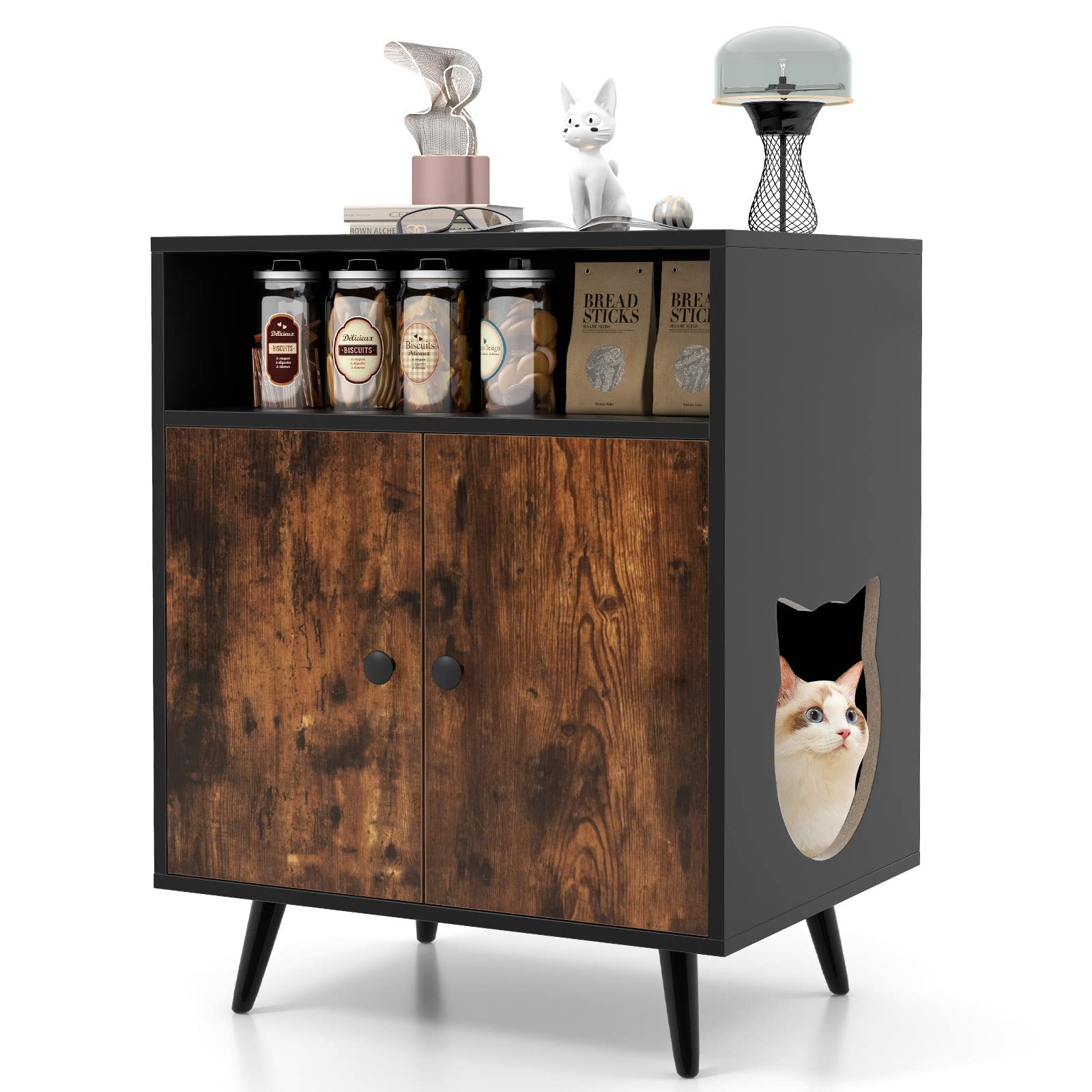 Tangkula Cat Litter Box Enclosure, 2-in-1 Cat Washroom Cabinet with Open Compartment